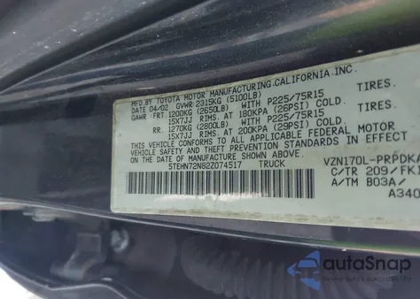 2002 Toyota Tacoma Base V6 z USA, uszkodzony, nr VIN 5TEHN72N82Z074517